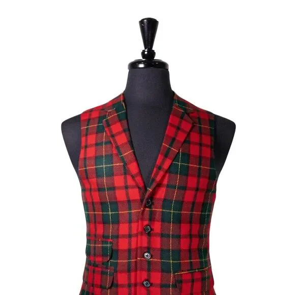 Mens Vest 40R Tartan Plaid Red Green Wool Waistcoat Formal Wedding Christmas